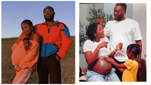 Split-image collage of Nigerian singers Adekunle Gold and Simi with their family—left: Adekunle Gold in a colorful orange-blue jacket and green headband hugging Simi in an orange off-shoulder top outdoors against a sunset sky; right: Simi (pregnant with painted handprints on her belly) in a white crop top, Adekunle in a white T-shirt, and their young daughter Déjà in a yellow top touching her mother's belly indoors.