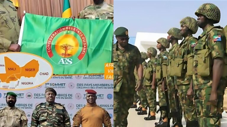 A group of AES military leaders display the Confederation of Sahel States flag, alongside a map of member countries, while Nigerian soldiers stand in formation during a separate military parade.