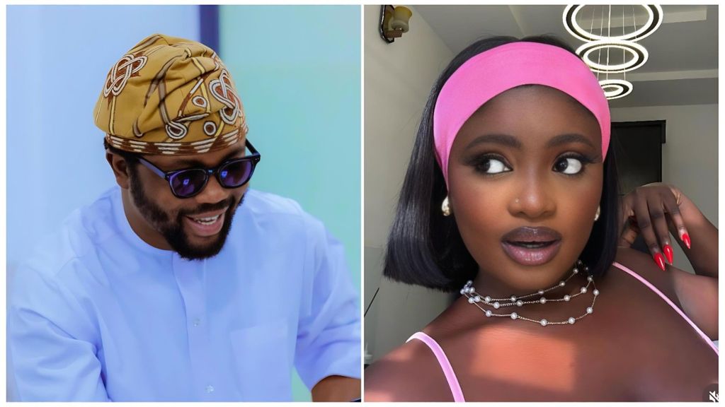 A split image featuring Akin Olaoye and media personality Raye. On the left, Akin Olaoye is seen in a formal setting, wearing a dark suit and tie, looking confidently toward the camera. On the right, Raye (Ushie Rita Uguamaye) is posing for a vibrant photo, wearing a fashionable outfit with her hair styled in long braids, smiling brightly.