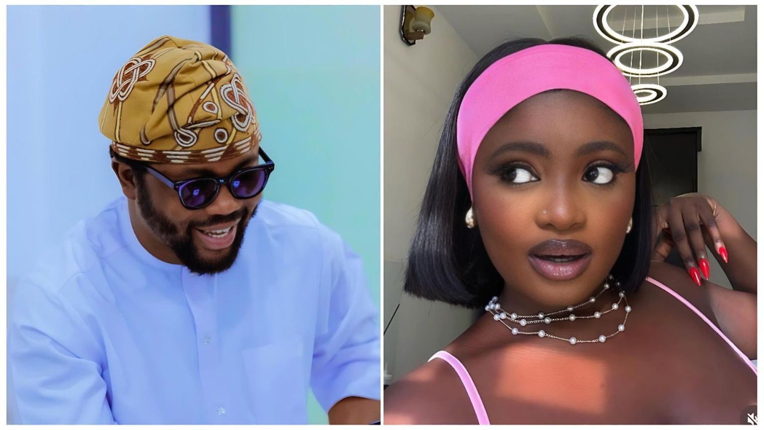 A split image featuring Akin Olaoye and media personality Raye. On the left, Akin Olaoye is seen in a formal setting, wearing a dark suit and tie, looking confidently toward the camera. On the right, Raye (Ushie Rita Uguamaye) is posing for a vibrant photo, wearing a fashionable outfit with her hair styled in long braids, smiling brightly.