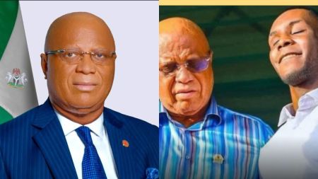 “Side-by-side photos showing the Governor of Akwa Ibom State in an official portrait, and another image of him standing beside a young visually impaired singer during a public event.”