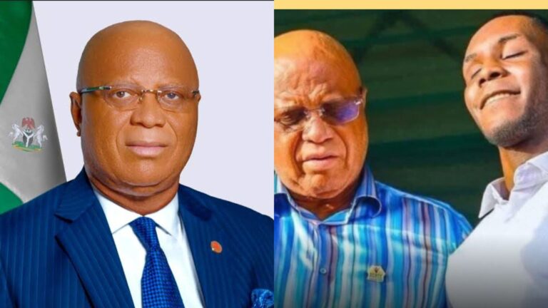 “Side-by-side photos showing the Governor of Akwa Ibom State in an official portrait, and another image of him standing beside a young visually impaired singer during a public event.”