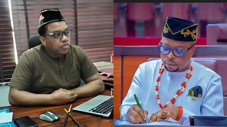 A split image showing two Akwa Ibom lawmakers. On the left, a man wearing glasses and a traditional cap sits at a desk with a laptop, appearing focused. On the right, another man in traditional attire and beaded necklace writes on a document inside a legislative chamber.