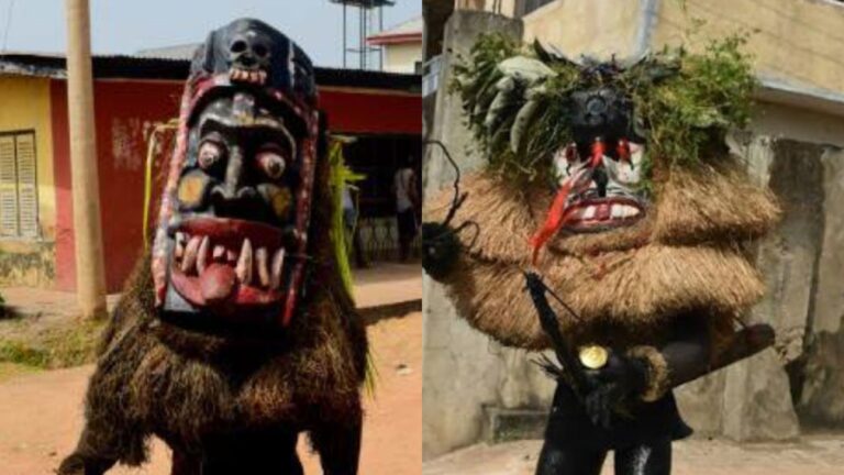 Two Ekpo masquerades from Akwa Ibom wearing large, carved wooden masks with bold colours and fierce expressions, each dressed in traditional raffia and foliage attire while standing outdoors in separate village settings.
