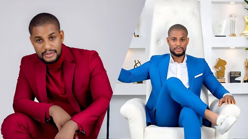 Side-by-side photos of Nigerian actor Alexx Ekubo wearing two different suits; one image shows him seated in a red suit against a plain backdrop, while the other shows him seated in a blue suit on a white chair in a modern room with awards displayed behind him.