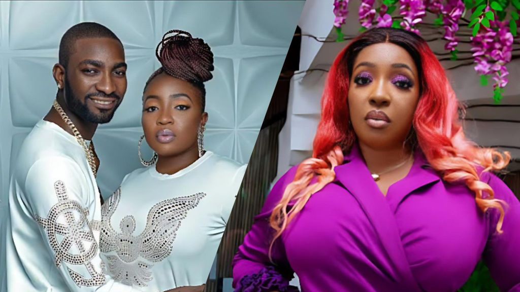 A split image showing Nigerian actress Anita Joseph and her husband MC Fish posing together in coordinated white outfits on the left, while the right side features Anita Joseph alone wearing a purple outfit with red-ombre hair, standing in front of floral décor