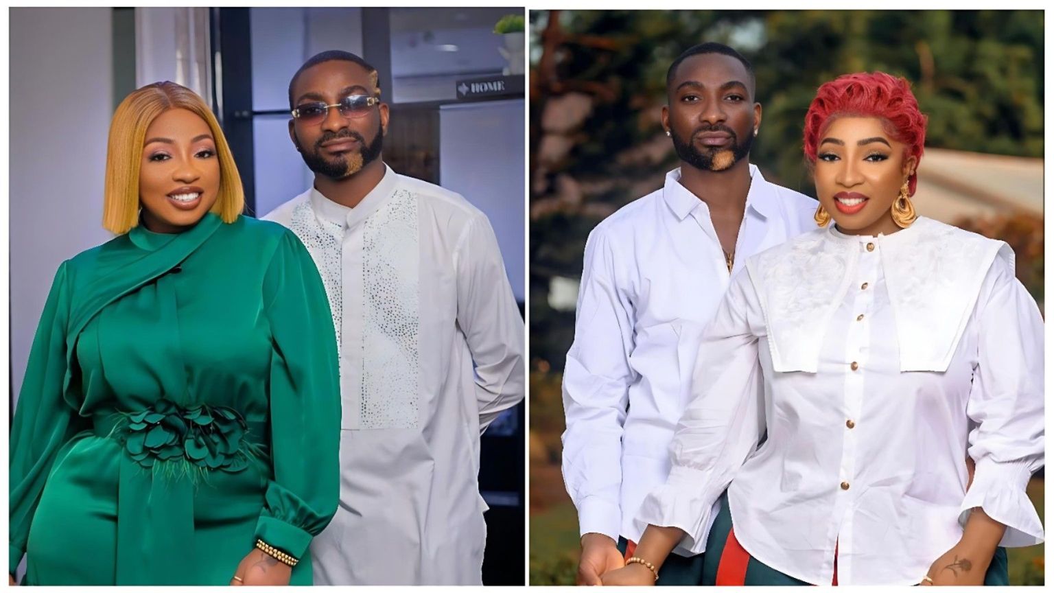 Split-image collage of Nigerian actress Anita Joseph and her ex-husband, hype man MC Fish (Fisayo Michael Olagunju)—left: Anita in a green satin dress with floral belt and blonde bob wig, standing beside MC Fish in a white embroidered traditional outfit indoors; right: the couple outdoors with Anita in a white blouse and red hair, holding hands with MC Fish in a white shirt.