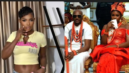 A side-by-side collage showing actress Annie Idibia on the left, posing indoors in a yellow crop top, and on the right, 2Baba seated in traditional attire beside Natasha Osawaru during a ceremonial event.