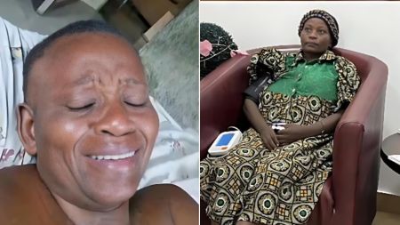 A side-by-side photo showing Aunty Esther; on the left she is lying down with her eyes closed and smiling weakly, and on the right she sits upright in a hospital chair wearing a patterned dress with medical equipment beside her.