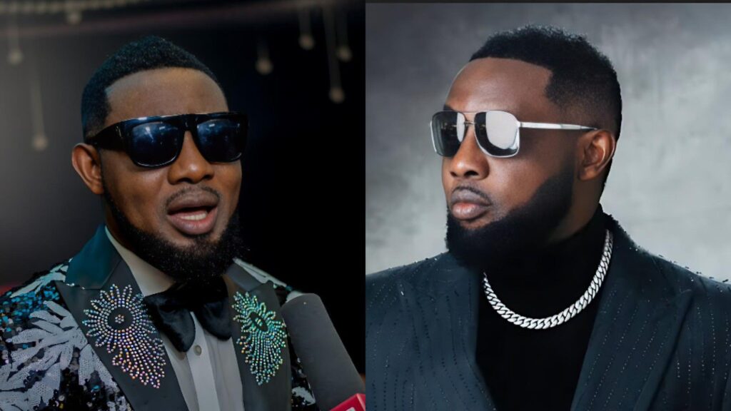 Side-by-side photos of Nigerian comedian AY Makun wearing dark sunglasses; in the left image he is dressed in a decorated black suit with floral designs and a bow tie, while in the right image he wears a black outfit with a silver chain and reflective sunglasses, posing for a studio-style portrait.