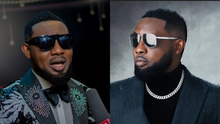 Side-by-side photos of Nigerian comedian AY Makun wearing dark sunglasses; in the left image he is dressed in a decorated black suit with floral designs and a bow tie, while in the right image he wears a black outfit with a silver chain and reflective sunglasses, posing for a studio-style portrait.