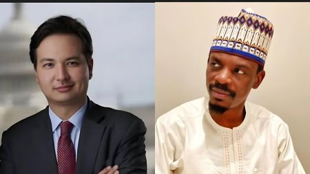 “Side-by-side photo of Elias Gerasoulis in a dark suit and red tie, standing with folded arms, and Bashir Ahmad wearing a traditional white kaftan and patterned cap, looking to the side.”