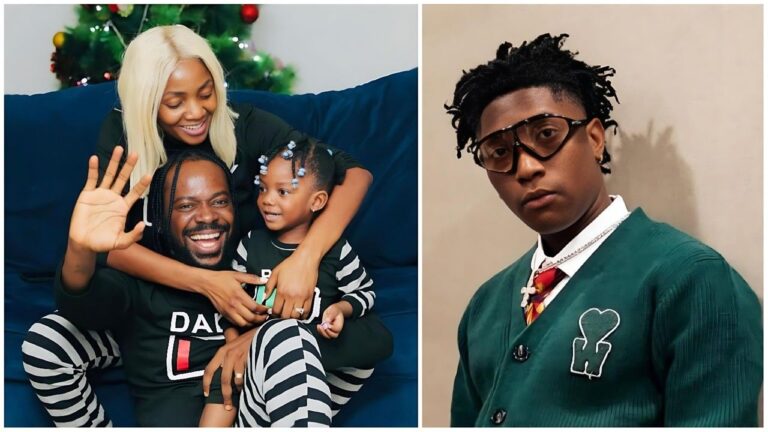 Split-image collage featuring (left) Nigerian singer Adekunle Gold with his family—wife Simi (platinum blonde hair) and daughter Déjà in matching black-and-white striped pajamas, smiling and waving on a blue couch in front of a decorated Christmas tree; (right) Nigerian singer Bella Shmurda in a green cardigan with "H" heart patch over a white shirt and red tie, wearing oversized sunglasses against a plain background.