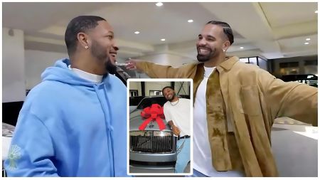 Composite image of streamer BenDaDonnn (left, in a light blue hoodie with logo) laughing and fist-bumping rapper Drake (right, in a tan suede jacket over white shirt with braided hair) indoors near a luxury car; inset shows BenDaDonnn smiling while posing next to a silver Rolls-Royce wrapped with a large red gift bow.