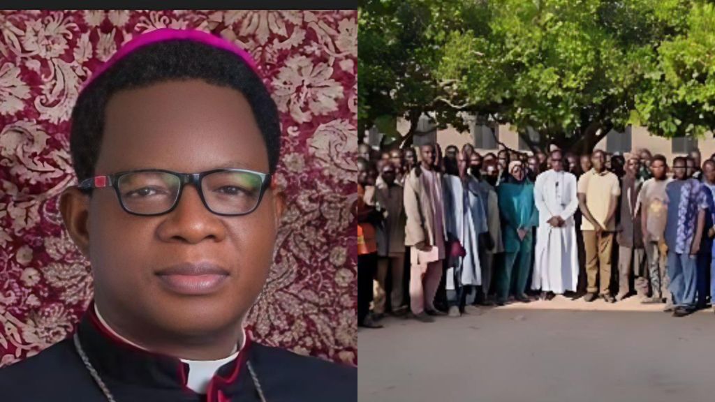 A close-up portrait of Bishop Bulus Yohanna wearing glasses and clerical attire, placed beside a wide group photo showing adults and youths standing outdoors under a tree, including clergy members dressed in white.
