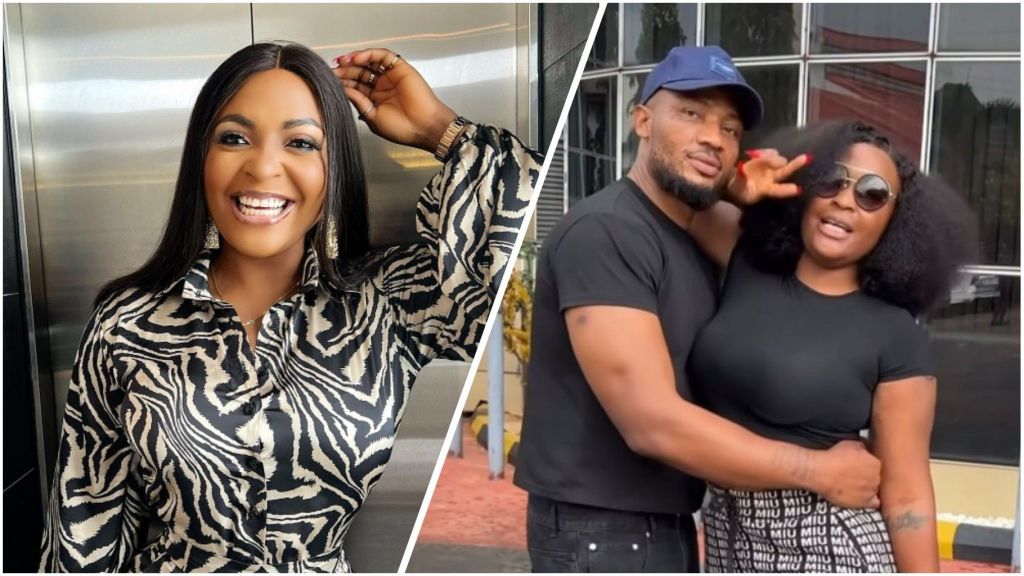 A split image featuring social media personality Blessing CEO and businessman Ikechukwu Darry Ogbonna (IVD). On the left, a bright portrait of Blessing CEO smiling in an elevator, wearing a black and white zebra-print shirt with voluminous sleeves. On the right, IVD is embracing Blessing CEO outdoors; she is wearing sunglasses and a black curly wig, while he is wearing a black t-shirt and a blue baseball cap.
