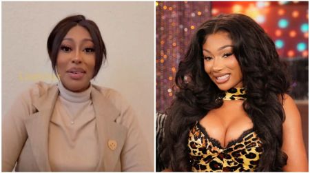 Side-by-side image showing blogger Milagro Gramz on the left, speaking in a beige outfit during a video, and rapper Megan Thee Stallion on the right, smiling in a leopard-print top with styled long black hair.