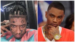 Split-image collage featuring American rappers Blueface (left: getting a haircut while wearing a pink and teal cape, showing extensive face and head tattoos including "111" and symbols, with braided hair tied up) and Soulja Boy (right: thoughtful pose with hand on chin, wearing an orange shirt, gold watch, pearl and gold chains, and visible neck and hand tattoos against a blurred event background).