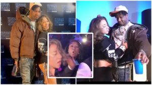 A collage showing rapper Blueface at his welcome-home party with his new girlfriend and his mother. The left image shows Blueface posing on a step-and-repeat backdrop with his girlfriend, who is smiling and holding his waist. The top-right image shows the couple standing close together under blue lighting. The centre inset shows Blueface’s mother in a crowded party scene with her hair being touched during the tense moment that sparked the near altercation.