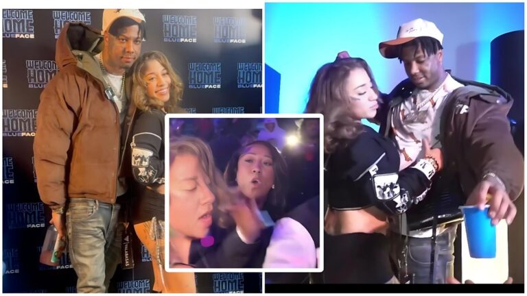 A collage showing rapper Blueface at his welcome-home party with his new girlfriend and his mother. The left image shows Blueface posing on a step-and-repeat backdrop with his girlfriend, who is smiling and holding his waist. The top-right image shows the couple standing close together under blue lighting. The centre inset shows Blueface’s mother in a crowded party scene with her hair being touched during the tense moment that sparked the near altercation.