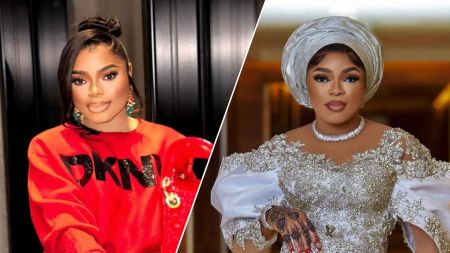 A side-by-side collage showing Nigerian socialite Bobrisky in two different looks: on the left, wearing a red DKNY sweatshirt with glam makeup and styled hair; on the right, dressed in an embellished white traditional outfit with a matching gele and bold makeup.