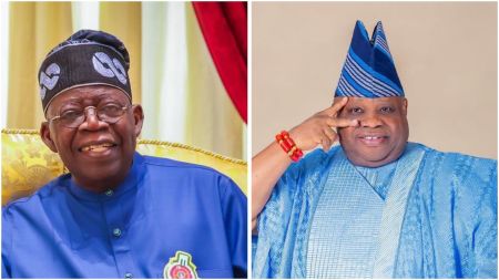 A split image showing two Nigerian politicians: on the left is Bola Ahmed Tinubu wearing a blue traditional outfit and a cap, smiling; on the right is Governor Ademola Adeleke wearing a light blue traditional outfit and a patterned blue cap, striking a pose.