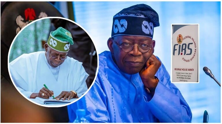 Composite image of Nigerian President Bola Ahmed Tinubu—main photo: Tinubu in a light blue traditional outfit and matching embroidered cap, resting his chin on his hand thoughtfully at an event with a Federal Inland Revenue Service (FIRS) sign in the background; circular inset (top left): Tinubu in a white traditional outfit and green cap signing a document at a desk.