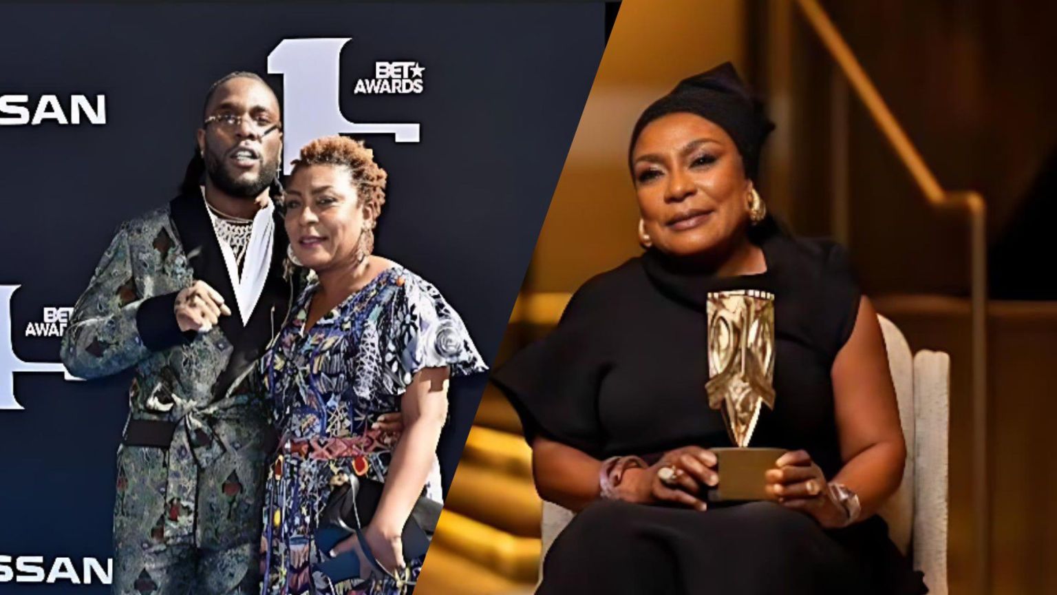 A split-image composite photograph. On the left side: Nigerian artist Burna Boy (Damini Ogulu) and his mother/manager Bose Ogulu posing together at the 2019 BET Awards red carpet, with Burna Boy in a patterned jacket and Bose in a colorful patterned dress against a BET Awards backdrop. On the right side: Bose Ogulu seated and holding a BET Award trophy, dressed in a black outfit with a headwrap and large gold brooch.
