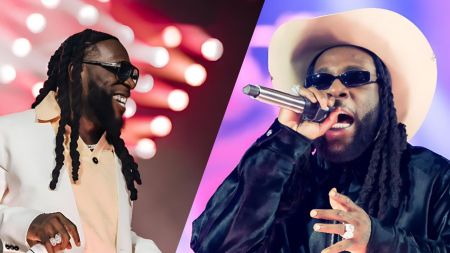 Two side-by-side photos of Burna Boy performing on stage, one showing him smiling in a light-coloured suit under bright red lights, and the other showing him singing into a microphone while wearing a wide-brim hat and dark glasses.