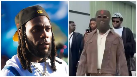 Split-image collage featuring Nigerian Grammy-winning artist Burna Boy—left: close-up portrait with long braided dreadlocks, wearing a black baseball cap with yellow brim and logo, white shirt, and silver chain necklace against a colorful blurred background; right: edited meme image superimposing Burna Boy's face onto Kanye West's body, showing him walking outdoors in a brown jacket with a group of people behind him.