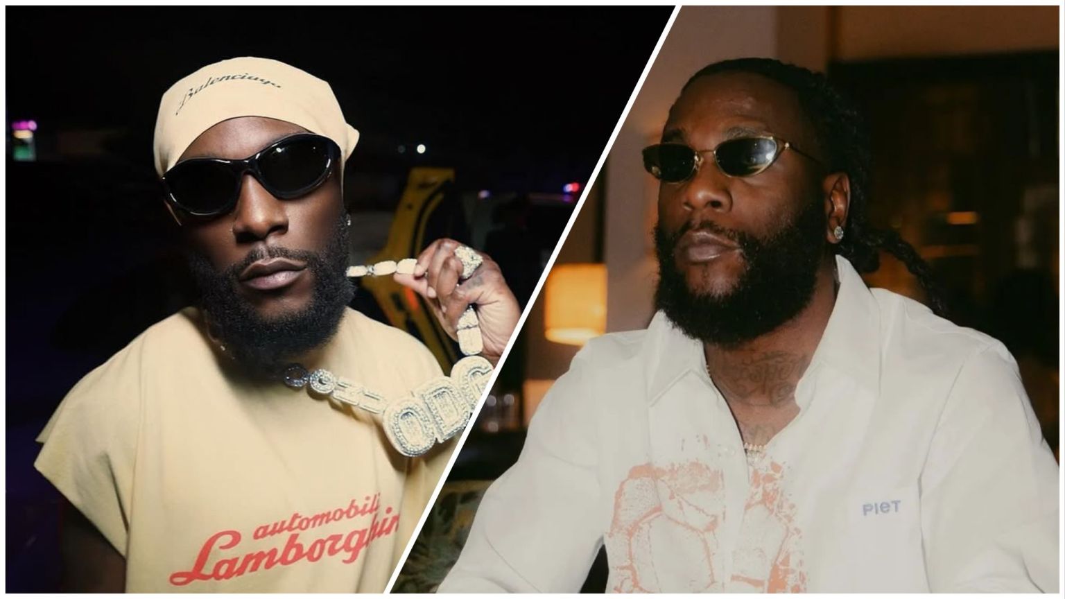Two side-by-side photos of Burna Boy wearing dark sunglasses; in the left image he holds up a large iced-out chain, and in the right image he sits indoors in a white shirt.