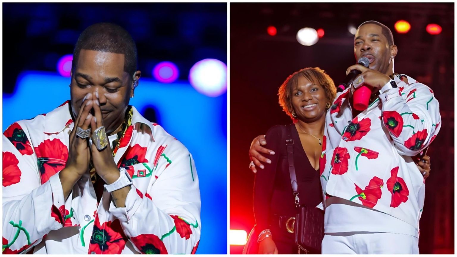 Split-image collage of rapper Busta Rhymes performing on stage—left: emotional moment with eyes closed and hands pressed together in prayer, wearing a white shirt with large red poppy flower print and multiple rings; right: smiling while holding a microphone and embracing a woman on stage, both in coordinated outfits with the same red poppy pattern under red and warm stage lights.