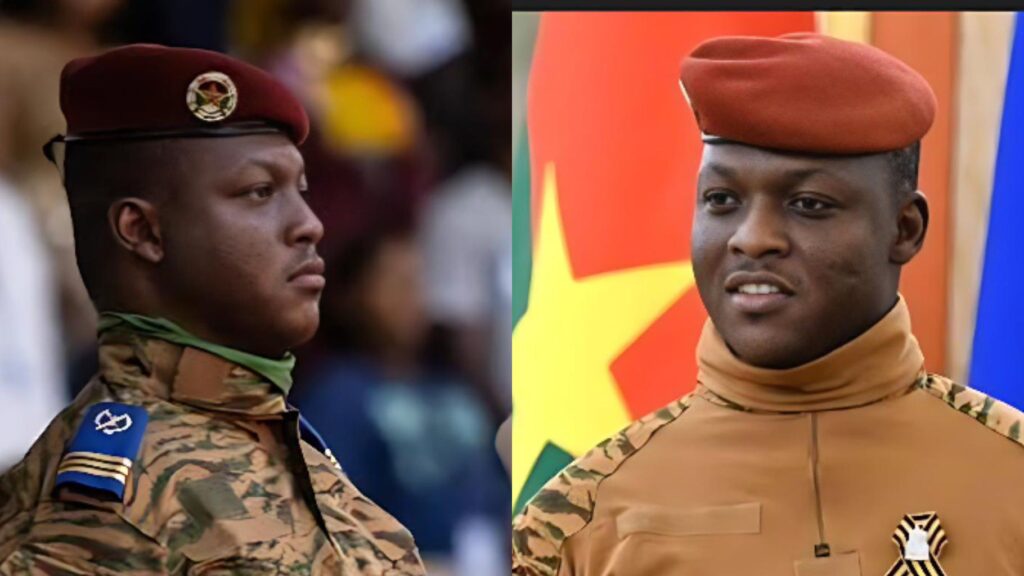 Side-by-side photos of Captain Ibrahim Traoré, the leader of Burkina Faso. The left image shows him in profile wearing a red beret and military uniform with a blue shoulder insignia. The right image shows him facing forward, smiling slightly, also dressed in a military uniform with the Burkina Faso flag in the background.