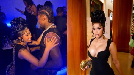 Cardi B smiles and holds Stefon Diggs’ arm while dancing at a dimly lit Miami party, followed by a separate photo of her posing in a fitted black dress with an updo hairstyle and a gold clutch.