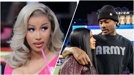 A split image featuring rapper Cardi B on the left and NFL player Stefon Diggs on the right. Cardi B, on the left, is wearing a blonde, wavy wig and a pink top, holding a pink straw. On the right, Stefon Diggs, wearing a black beanie and a black "ARMY" sweatshirt, has his arm around a woman with long dark hair, while standing in a stadium.