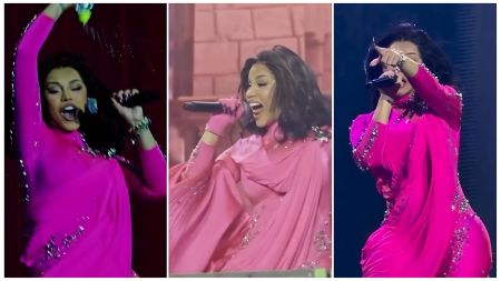 A three-panel split image capturing American rapper Cardi B performing live at a festival. She is wearing a flowing, long-sleeved, bright pink outfit adorned with silver embellishments and has dark, wavy hair. In the left panel, she is raising her hand over her head and appears to be spraying water or a drink. In the center and right panels, she is holding a microphone and singing, with her hand gesturing to the audience.