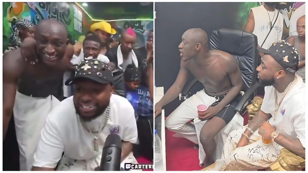 A digital screen capture from a Twitch livestream featuring Davido and Carter Efe. Davido is seen wearing a casual designer t-shirt and his signature diamond jewelry, smiling and engaging with the camera. Carter Efe is positioned beside him, appearing excited and animated. The background shows a professional streaming setup with colorful LED lighting and a live chat overlay scrolling on the side.