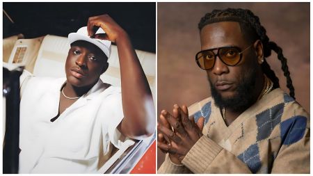 Split-image collage featuring Nigerian comedian and singer Carter Efe (left: leaning out of a car window in a white cap and open white shirt, hand adjusting cap) and Grammy-winning artist Burna Boy (right: close-up portrait with braided hair, tinted sunglasses, gold chain, and beige argyle sweater, hands clasped).