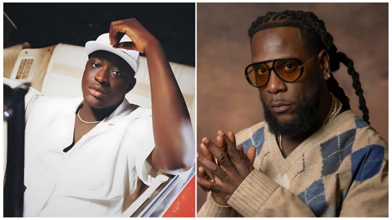 Split-image collage featuring Nigerian comedian and singer Carter Efe (left: leaning out of a car window in a white cap and open white shirt, hand adjusting cap) and Grammy-winning artist Burna Boy (right: close-up portrait with braided hair, tinted sunglasses, gold chain, and beige argyle sweater, hands clasped).