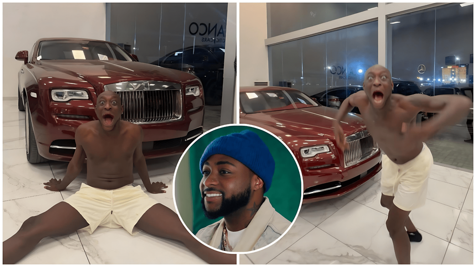 Meme-style composite image featuring Nigerian comedian and content creator Carter Efe dramatically reacting in front of a maroon Rolls-Royce in a luxury car showroom—left: shirtless in white shorts, sitting on the floor with mouth wide open in shock; right: standing and flexing with exaggerated surprised expression; circular inset: singer Davido smiling in a blue beanie and light jacket against a green background.