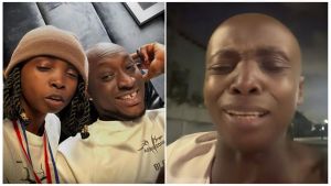 Split-image collage featuring Nigerian comedian/content creator Carter Efe—left: playful selfie with a young fan (Kolu) wearing a beige beanie and braided hair, both in light-colored shirts, with Carter smiling and pointing at the camera indoors; right: close-up of Carter Efe with shaved head, eyes closed and mouth open in an emotional or crying expression outdoors at night.