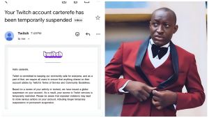 Split-image collage related to Nigerian comedian and content creator Carter Efe—left: screenshot of an email notification from Twitch (formerly Twitter logo visible) stating that the account "carterefe" has been temporarily suspended due to violations of Terms of Service and Community Guidelines; right: portrait of Carter Efe in a red suit with black lapels and bow tie, adjusting his cuff against a blurred background.