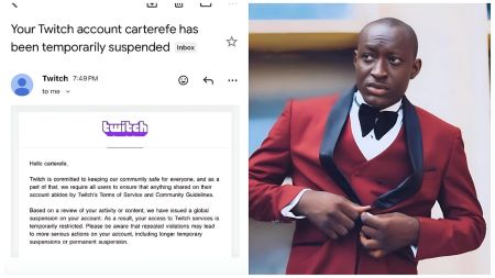 Split-image collage related to Nigerian comedian and content creator Carter Efe—left: screenshot of an email notification from Twitch (formerly Twitter logo visible) stating that the account "carterefe" has been temporarily suspended due to violations of Terms of Service and Community Guidelines; right: portrait of Carter Efe in a red suit with black lapels and bow tie, adjusting his cuff against a blurred background.