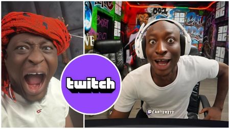 Meme-style composite image featuring Nigerian comedian Carter Efe reacting to his Twitch ban—left: Carter Efe in a red headwrap and white shirt with mouth wide open in dramatic shock; right: Carter Efe streaming with large white headphones, wide-eyed surprised expression, in front of a colorful graffiti wall with "CarterEfe" overlay; center: purple Twitch logo.