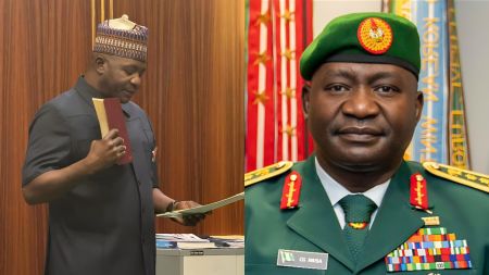 Side-by-side images showing Nigeria’s new Minister of Defence, General CG Musa. The left image shows him in a dark outfit taking the oath of office while holding a book inside the State House, Abuja. The right image is a formal portrait of him in full military uniform with medals and a green beret.
