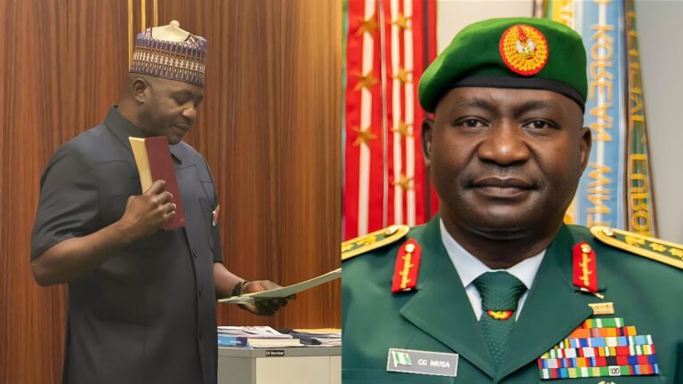 Side-by-side images showing Nigeria’s new Minister of Defence, General CG Musa. The left image shows him in a dark outfit taking the oath of office while holding a book inside the State House, Abuja. The right image is a formal portrait of him in full military uniform with medals and a green beret.