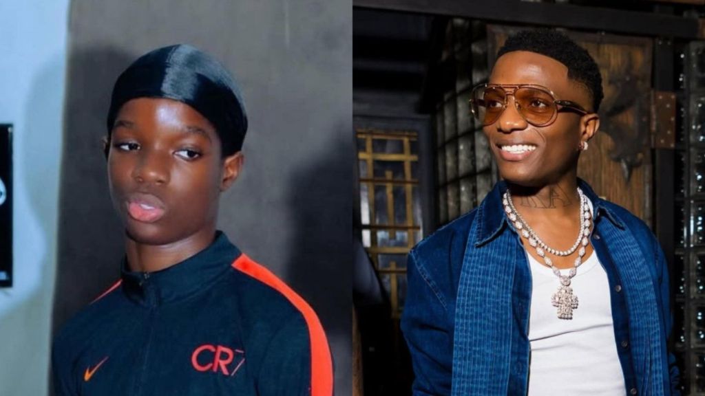 A side-by-side photo showing Wizkid’s son Champz on the left and Wizkid smiling on the right.