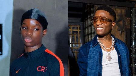A side-by-side photo showing Wizkid’s son Champz on the left and Wizkid smiling on the right.