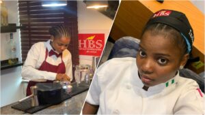 A split image showing Chef Sammy. On the left, she is wearing a white shirt, red apron, and bow tie as she prepares a drink at a counter inside a training bar with an HBS (Hospitality Business School) logo behind her. On the right, she is seated in a chef’s uniform with a black HBS-branded headscarf, looking directly at the camera.
