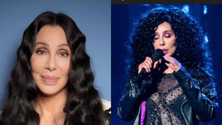 Left image: Close-up portrait of Cher with long black wavy hair, soft makeup, and a calm smile against a blue background. Right image: Cher performing on stage in a curly black wig, sparkly eye makeup, and a studded black outfit while holding a microphone.